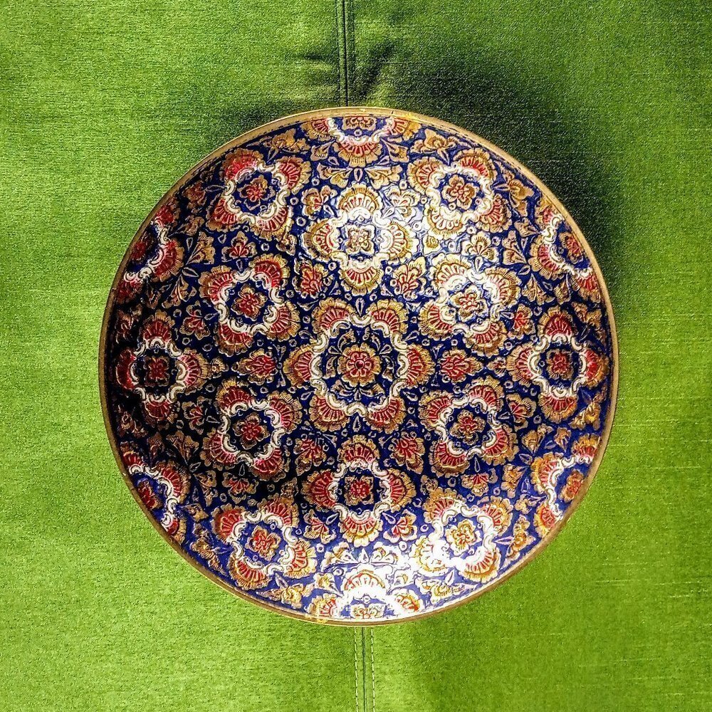 Textured Enamel Blue Red Gold Floral Brass Bowl